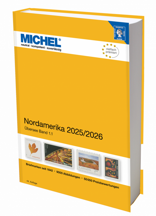 Michel Nordamerika 2025/2026 stamp catalog with a yellow cover featuring an array of stamps on a white background