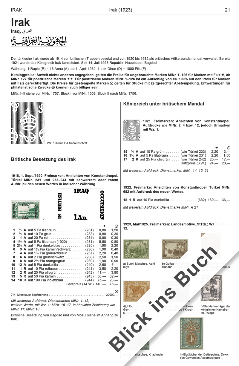 Page from a Michel stamp catalog featuring stamps of Iraq with text and numbers.