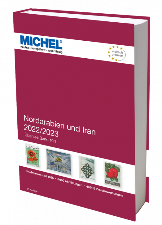 Michel Nordarabien und Iran 2022/2023 stamp catalog with a red cover featuring an array of stamps on a white background