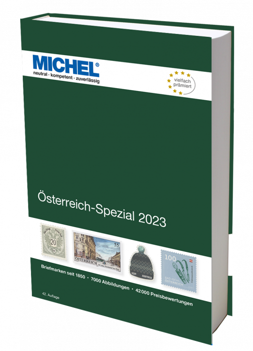 Michel Osterreich-Spezial 2023 stamp catalog with a green cover featuring an array of stamps on a white background