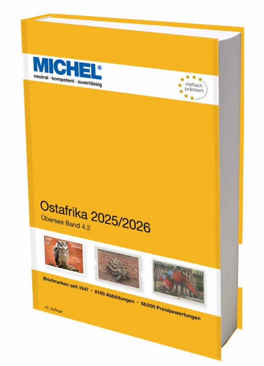 Michel Ostafrika 2025/2026 stamp catalog with a yellow cover featuring an array of stamps on a white background