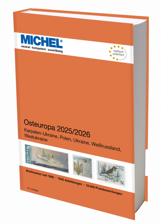 Michel Osteuropa 2025/2026 stamp catalog with a orange cover featuring an array of stamps on a white background