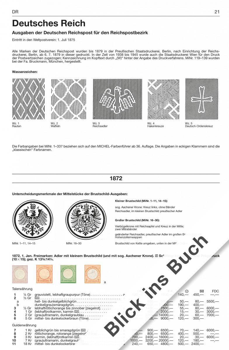 Page from a Michel stamp catalog featuring stamps of the German Reich and their values.