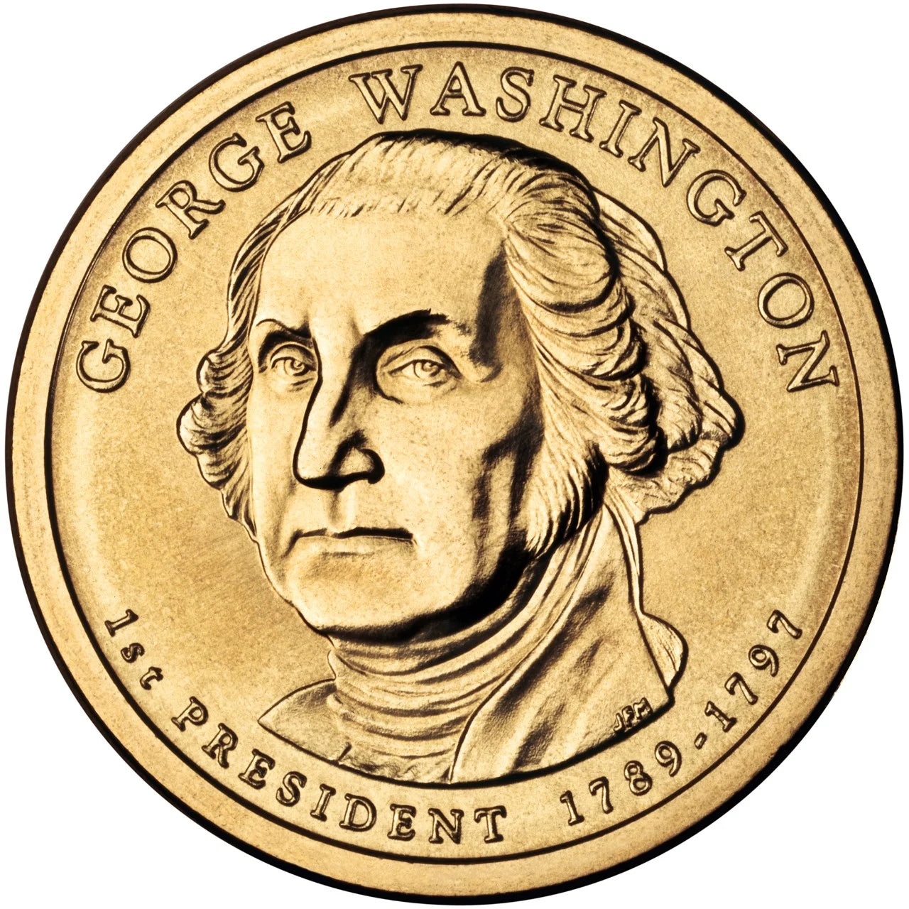 Gold presidential dollar coin with portrait of George Washington and inscriptions