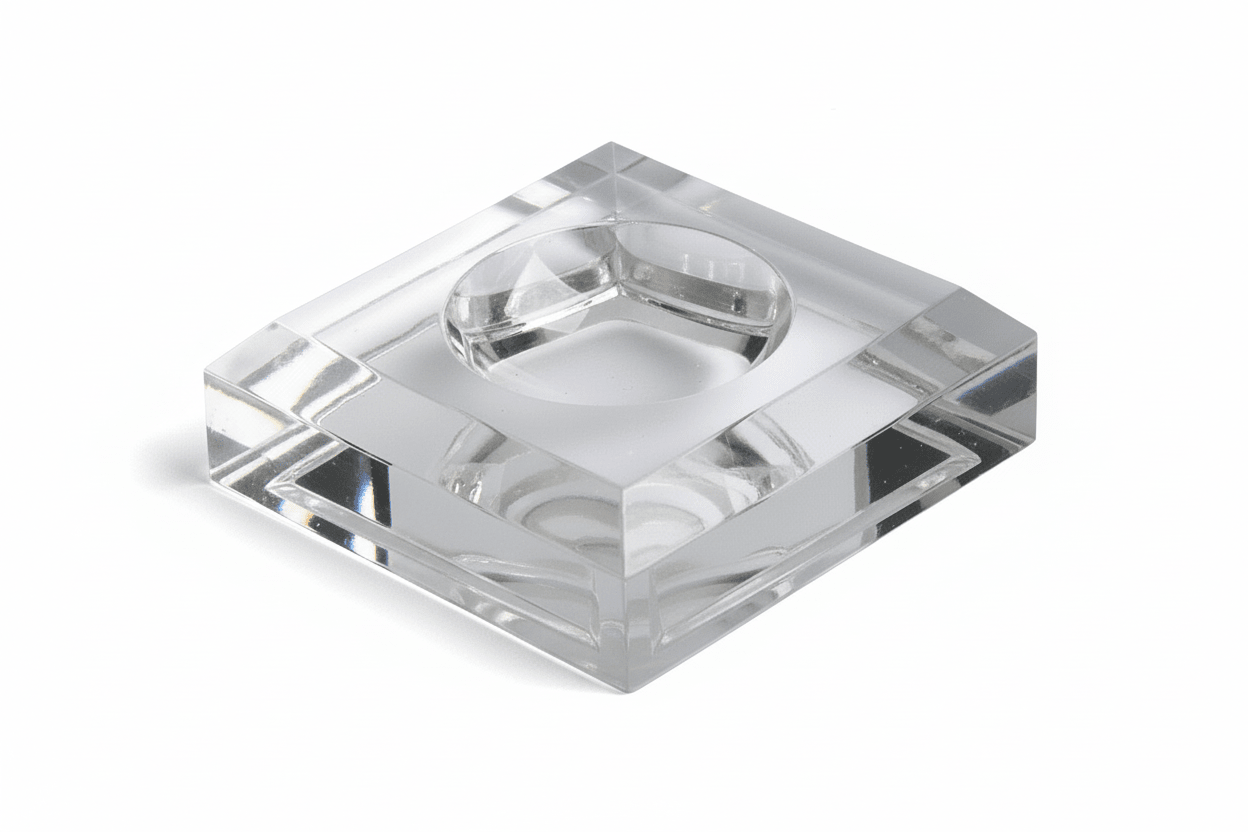 One clear acrylic dimple easel/stand on a white background