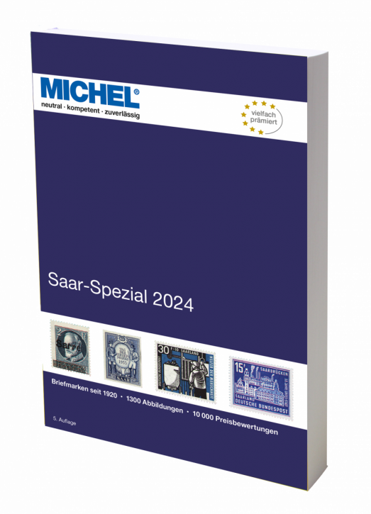 Michel Saar-Spezial 2024 stamp catalog with a blue cover featuring an array of stamps on a white background