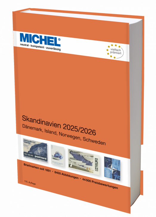 Michel Skandinavien 2025/2026 stamp catalog with a orange cover featuring an array of stamps on a white background