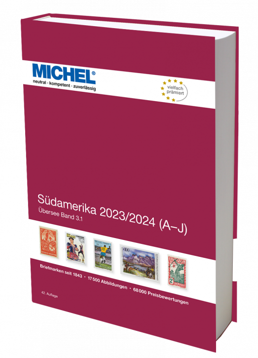 Michel sudamerika 2023 (A-J) stamp catalog with a red cover featuring an array of stamps on a white background