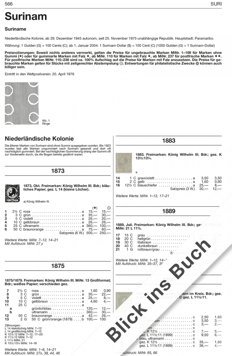 Page from a Michel stamp catalog with Suriname stamps and text