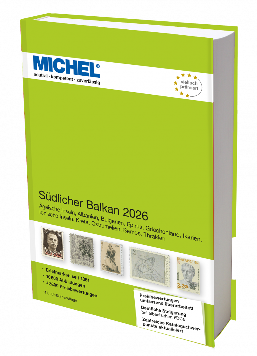 Michel Sudlicher Balkin 2026 stamp catalog with a green cover featuring an array of stamps on a white background