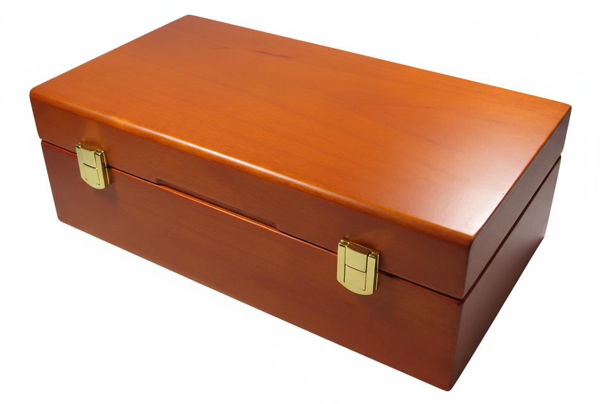 Brown wooden certified coin display box (closed) with gold latches on a white background