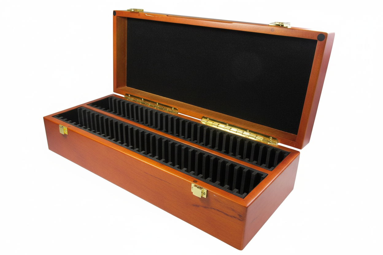 Wooden coin slab display case with black inserts/compartments for graded coins on a white background