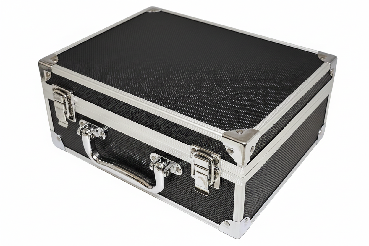 Black and silver aluminum case with carrying handle on a white background