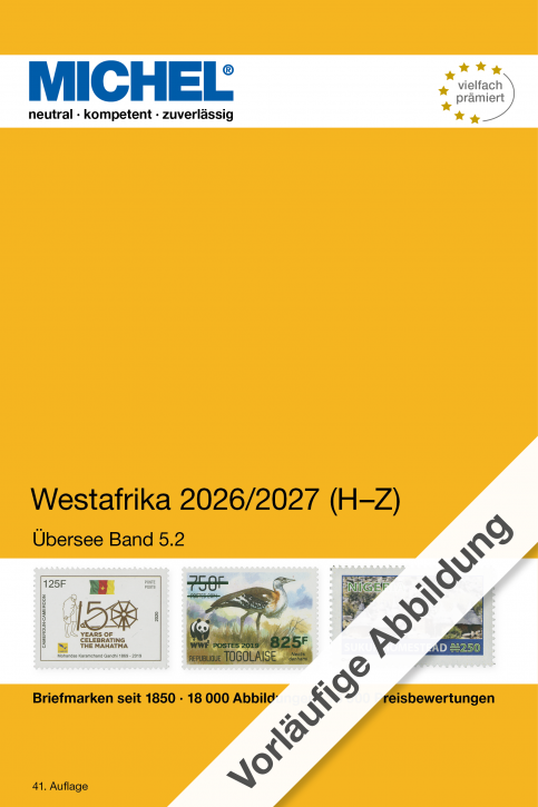Michel catalog for West Africa 2026/2027 with stamps and bird illustration on a yellow cover