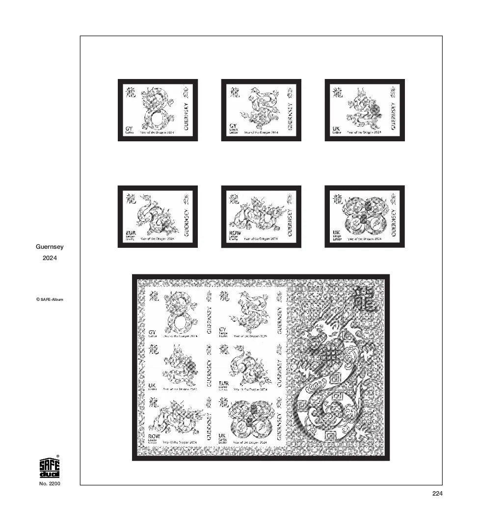Illustration of black and white stamps from the Guernsey's 2024 annual supplement, displayed on a white background.
