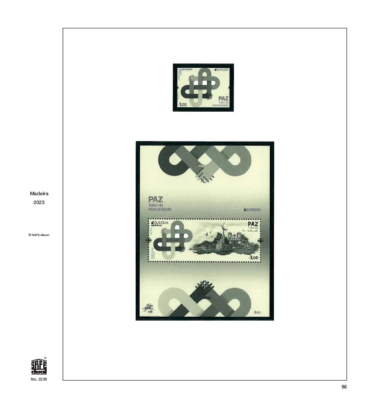 Illustration of black and white stamps from the Madeira's 2023 annual supplement, displayed on a white background.