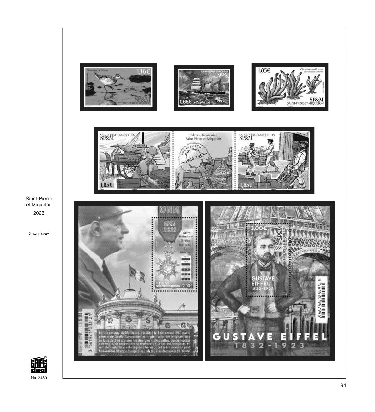 Illustration of black and white stamps from the St. Pierre Miquelon's 2023 annual supplement, displayed on a white background.