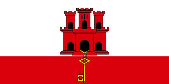 Gibraltar Flag: a red castle and yellow key on a red & white background