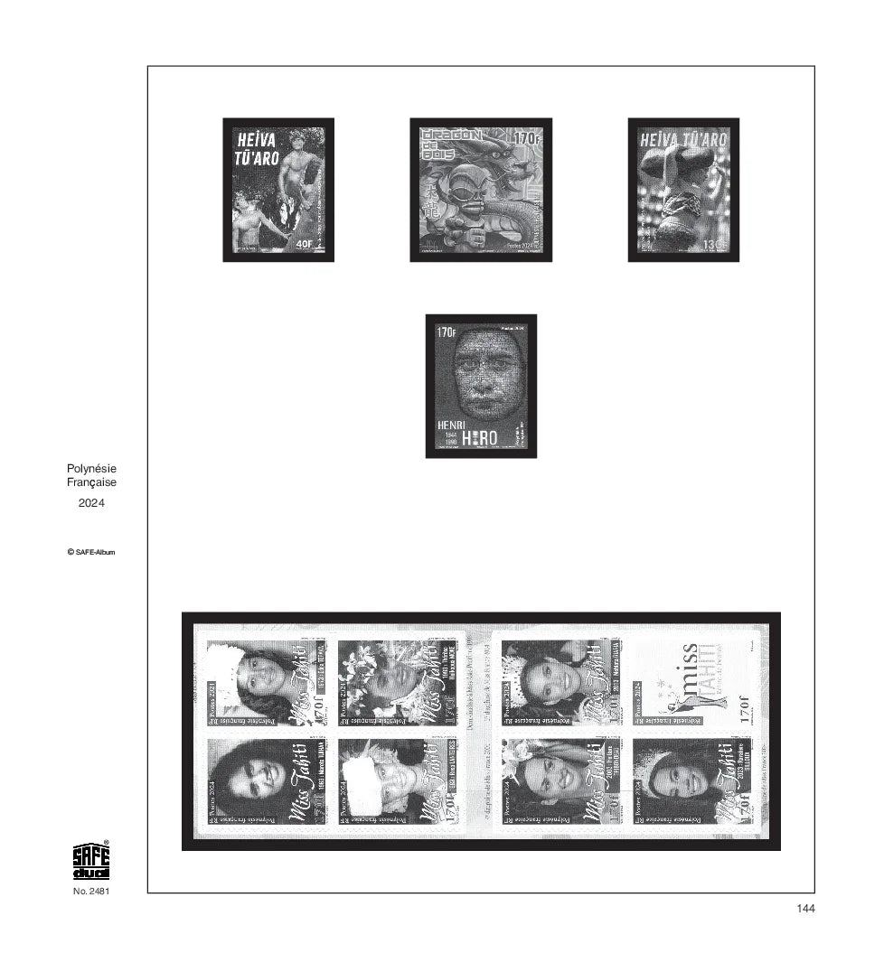 Illustration of black and white stamps from the French Polynesia 2024 annual supplement, displayed on a white page.