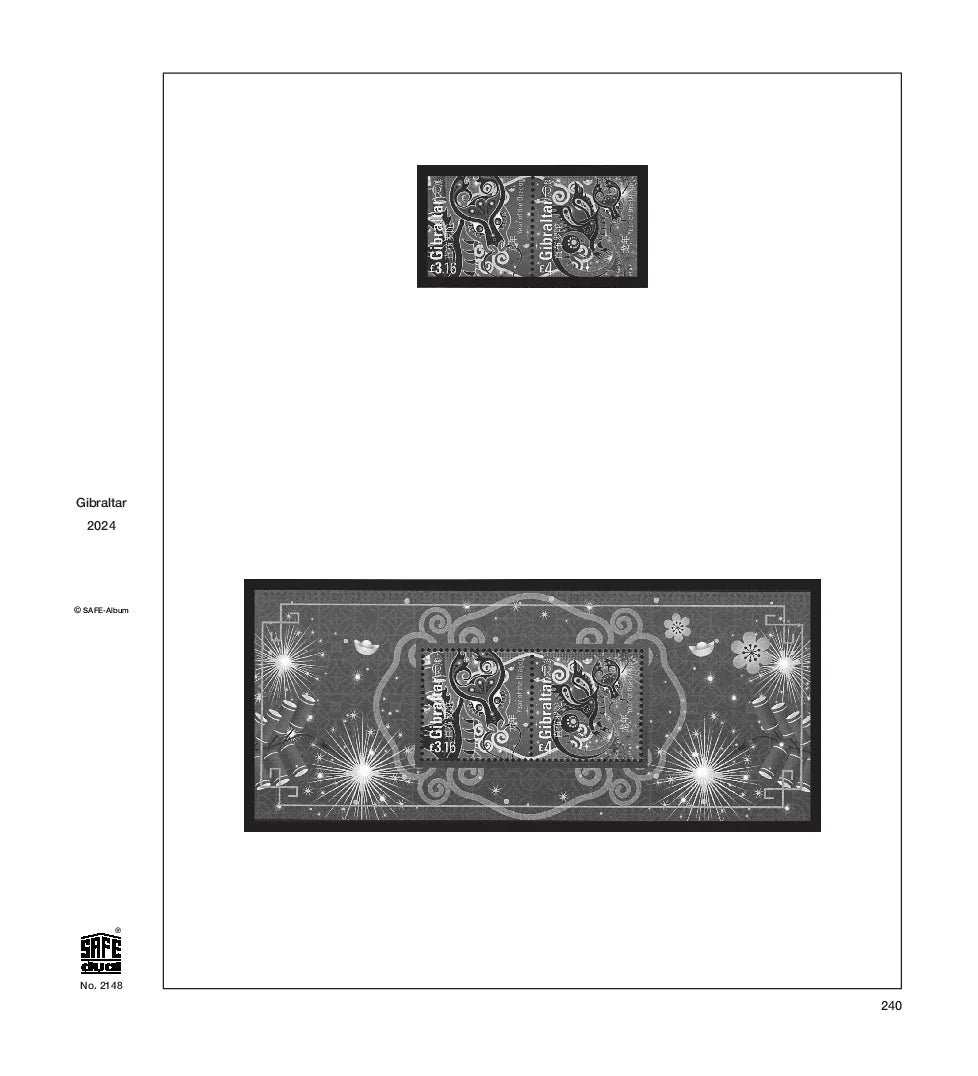 Illustration of black and white stamps from the Gilbraltar's 2024 annual supplement, displayed on a white page.