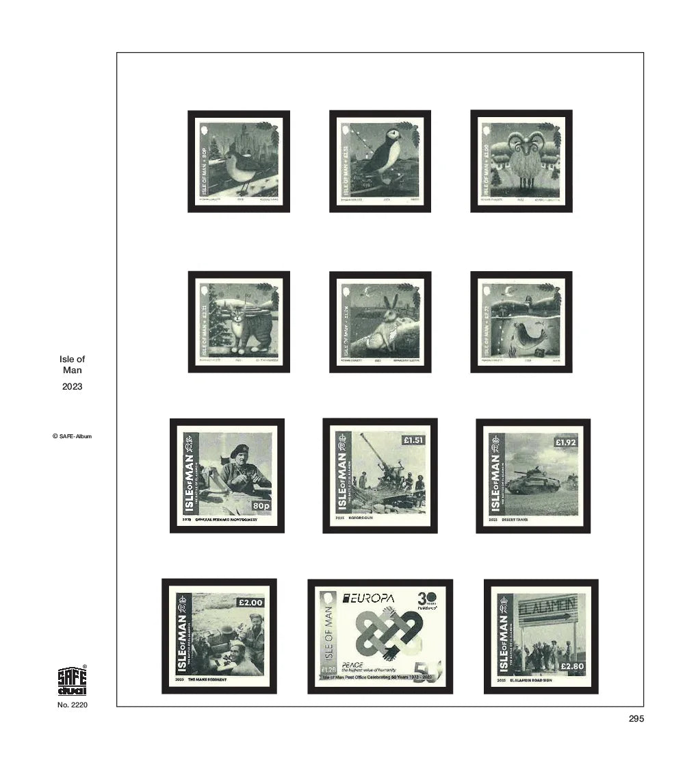 Illustration of black and white stamps from the Isle of Man's 2023 annual supplement, displayed on a white page.