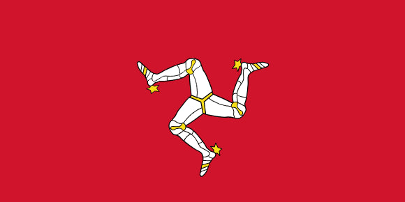 Isle of Man flag: 3 white legs with yellow accents on a red background