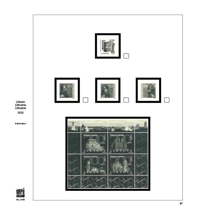 Illustration of black and white stamps from the Lithuania's 2023 annual supplement, displayed on a white page.