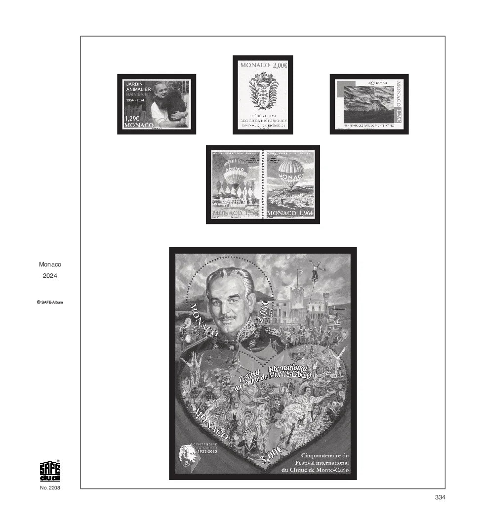 Illustration of black and white stamps from the Monaco's 2024 annual supplement, displayed on a white page.