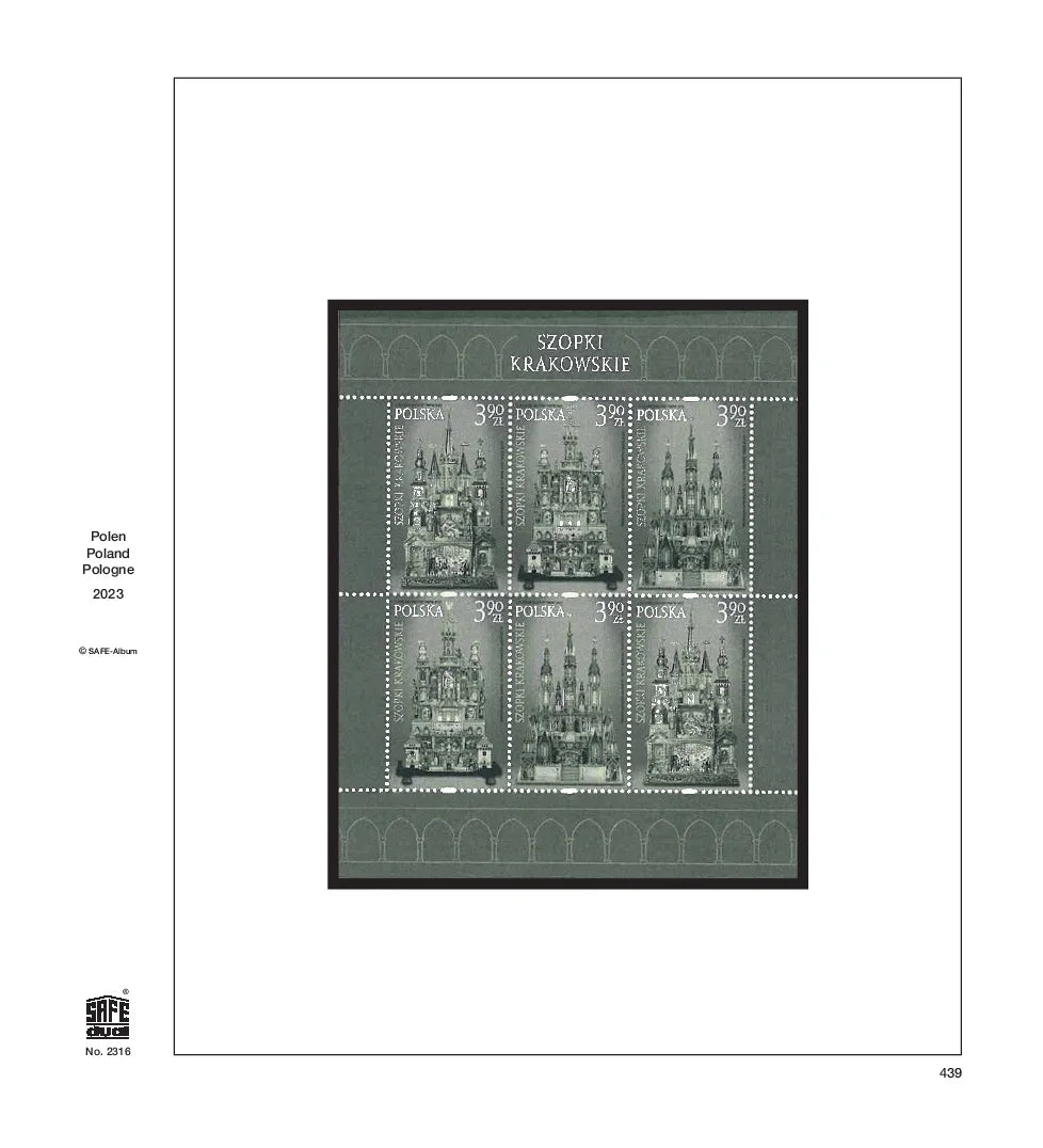 Illustration of black and white stamps from the Poland's 2023 annual supplement, displayed on a white page.
