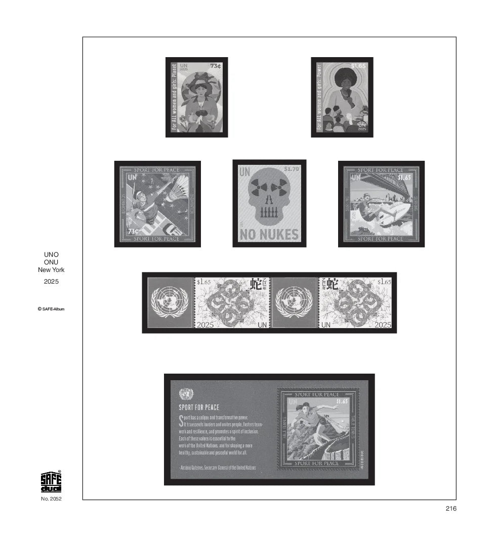 Illustration of black and white stamps from the UN: New York's 2025 annual supplement, displayed on a white page.