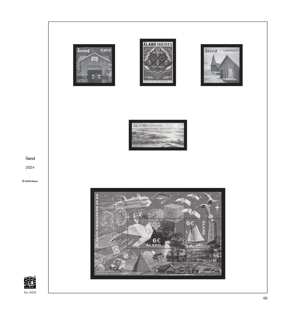 Illustration of black and white stamps from the Aland's 2024 annual supplement, displayed on a white page.
