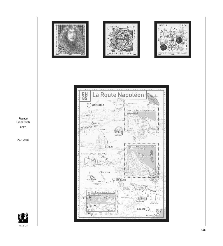 Illustration of black and white stamps from the France's 2023 annual supplement, displayed on a white page.