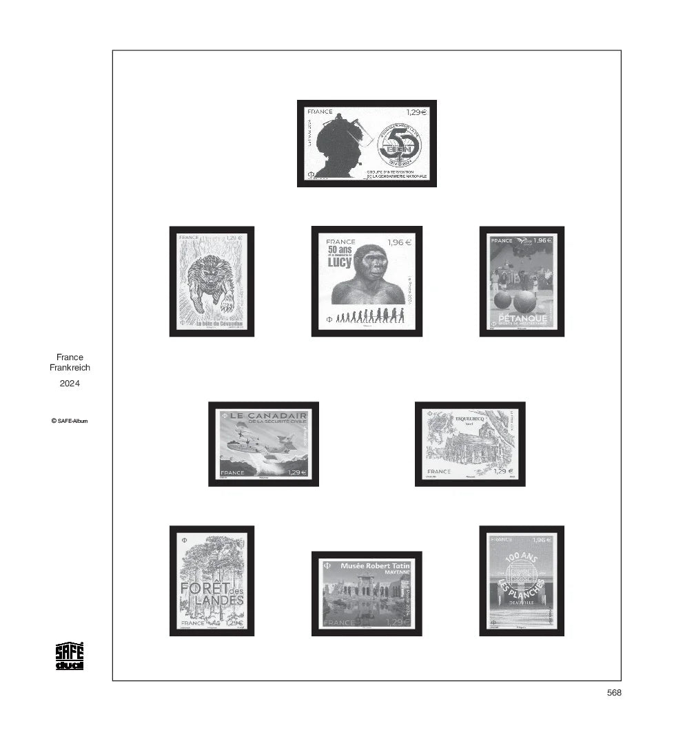Illustration of black and white stamps from the France's 2024 annual supplement, displayed on a white page.
