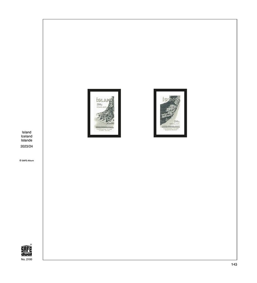 Illustration of black and white stamps from the Iceland's 2024 annual supplement, displayed on a white background.