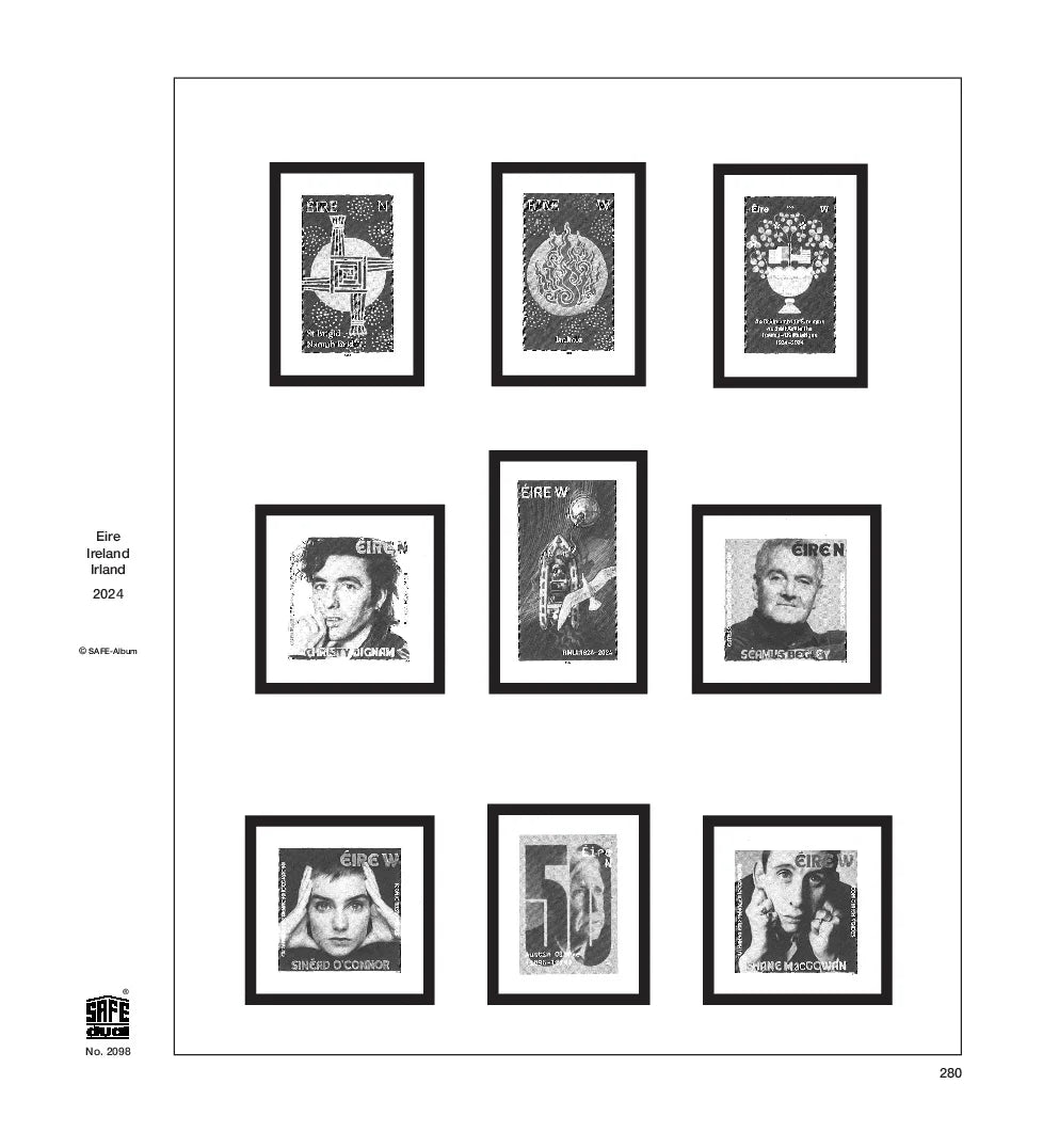 Illustration of black and white stamps from the Ireland's 2024 annual supplement, displayed on a white background.
