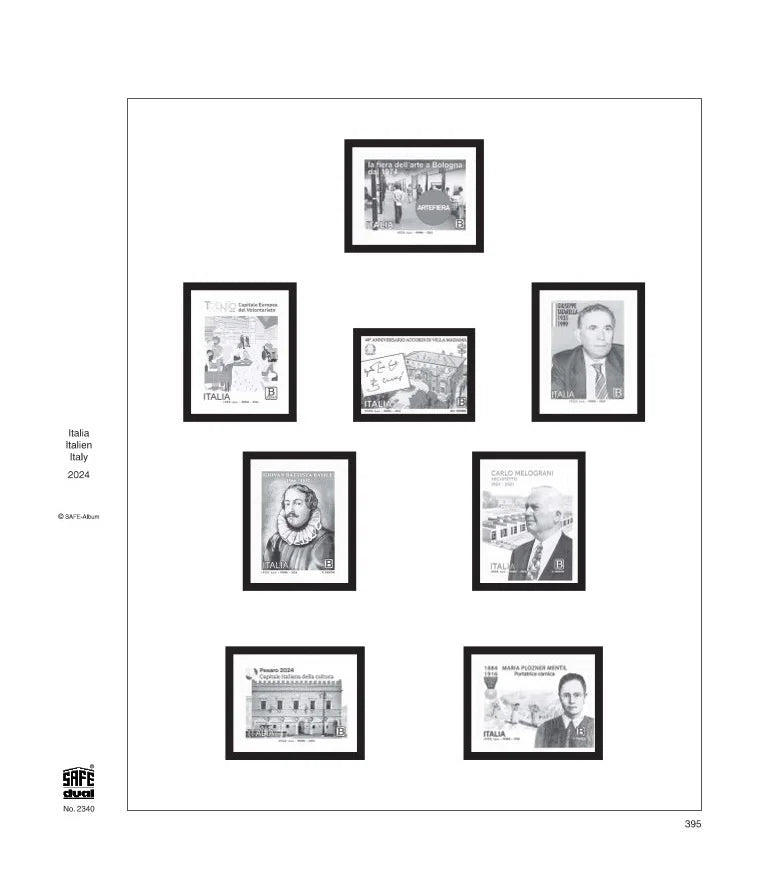 Illustration of black and white stamps from the Italy's 2024 annual supplement, displayed on a white background.