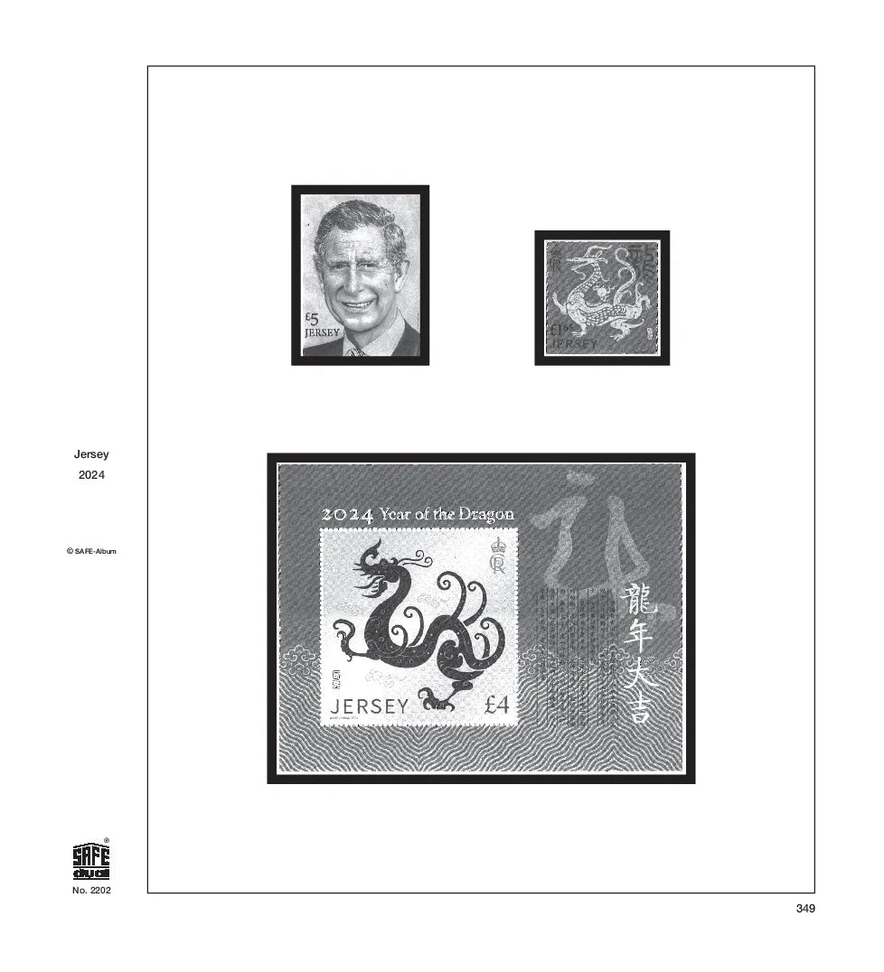 Illustration of black and white stamps from the Jersey's 2024 annual supplement, displayed on a white background.