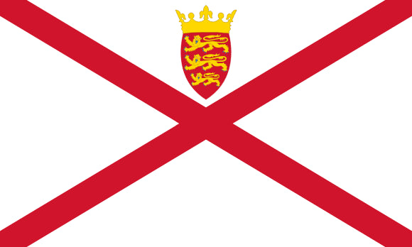 Jersey Flag: a red 'x' and a coat of arms featuring two lions and a crown on a white background