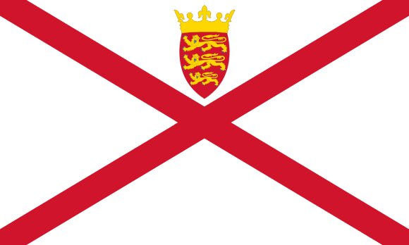 Jersey Flag: a red 'x' and a coat of arms featuring two lions and a crown on a white background