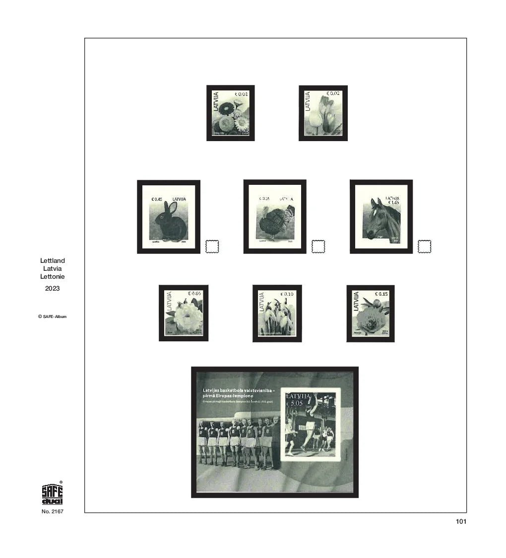 Illustration of black and white stamps from the Latvia's 2023 annual supplement, displayed on a white background.