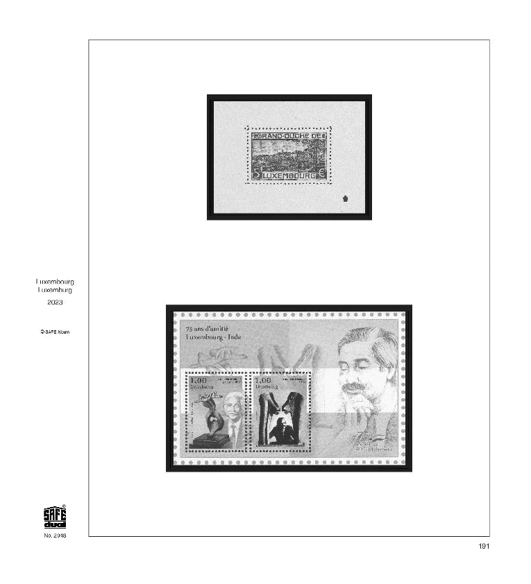 Illustration of black and white stamps from the Luxembourg's 2023 annual supplement, displayed on a white background.