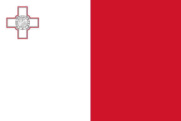 Flag of Malta with a red field and white cross featuring a silver medallion on a white background.