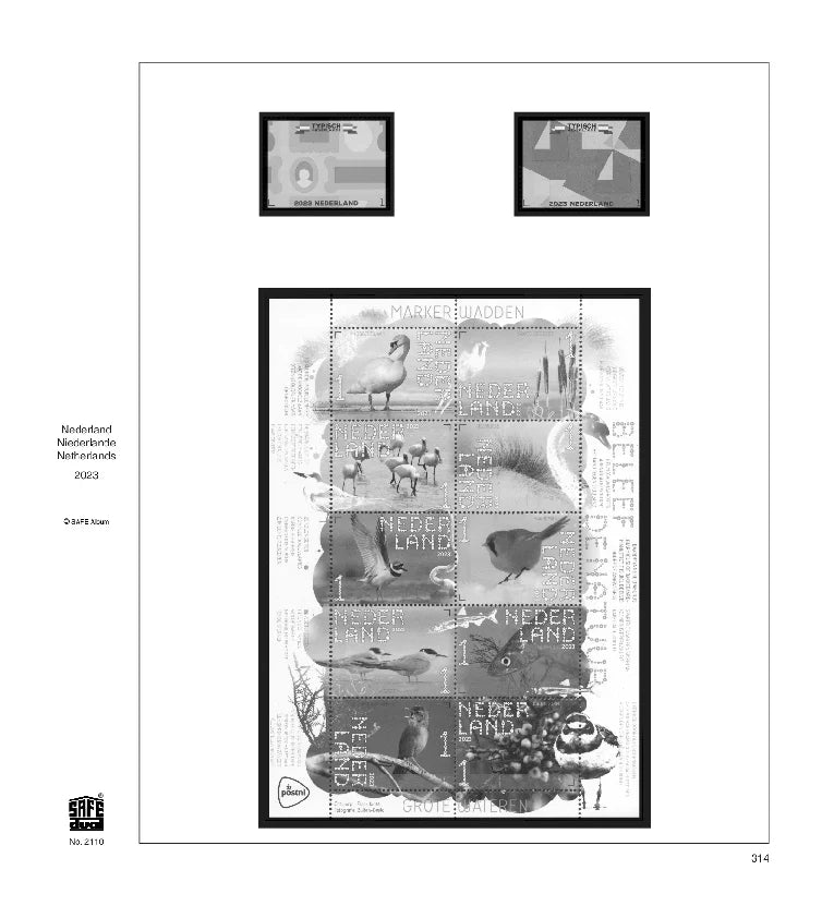 Illustration of black and white stamps from the Netherland's 2023 annual supplement, displayed on a white background.