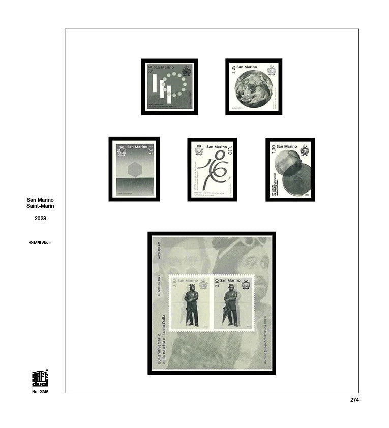 Illustration of black and white stamps from the San Marino's 2023 annual supplement, displayed on a white background.