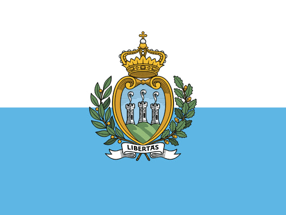 Flag of San Marino with coat of arms and 'Libertas' text on a white and blue background
