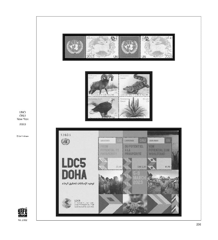 Illustration of black and white stamps from the UN:New York 2023 annual supplement, displayed on a white background.