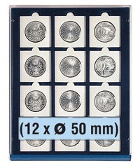 Overhead shot of a blue velvet tray and square compartments for coin collections and the measurements '12 x 50mm' written on a white background