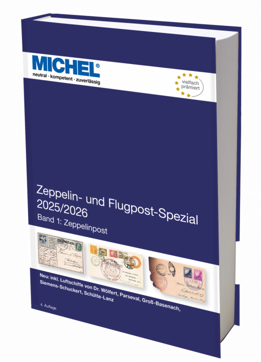 Michel zeppelin und flugpost spezial (Band 1: Zeppelinpost) 2025/2026 stamp catalog with a blue cover featuring an array of stamps on a white background