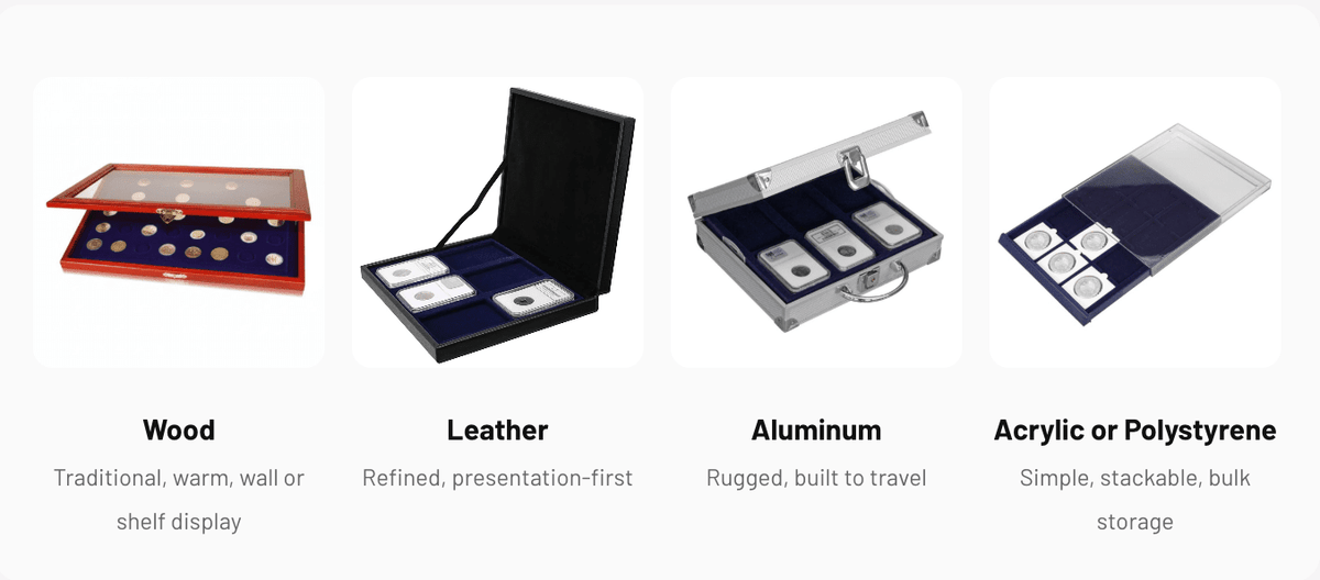 Four product options for coin storage cases arranged in a row, each with a small photo-style panel & description