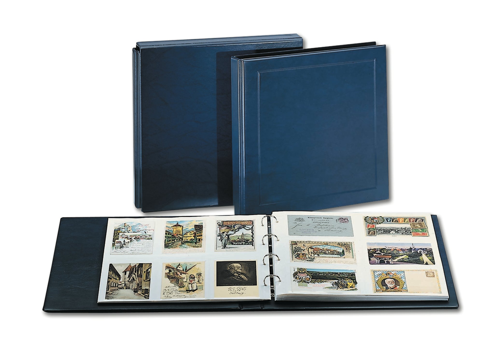 Blue postcard album with an open postcard album in front displaying various postcards on white pages on a white background